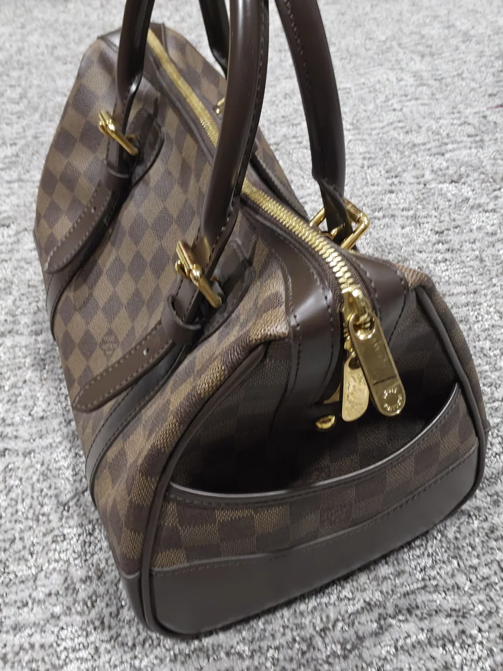 Louis Vuitton Brown Damier Ebene Satchel with Red Interior and Gold Hardware